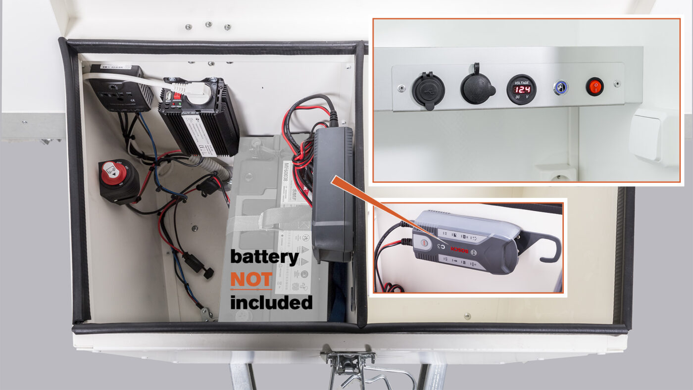 Akkujärjestelmä ja sähköt (sis. laturin, led-valot, invertterin, 220v-pistorasian, 2xusb) + 600€